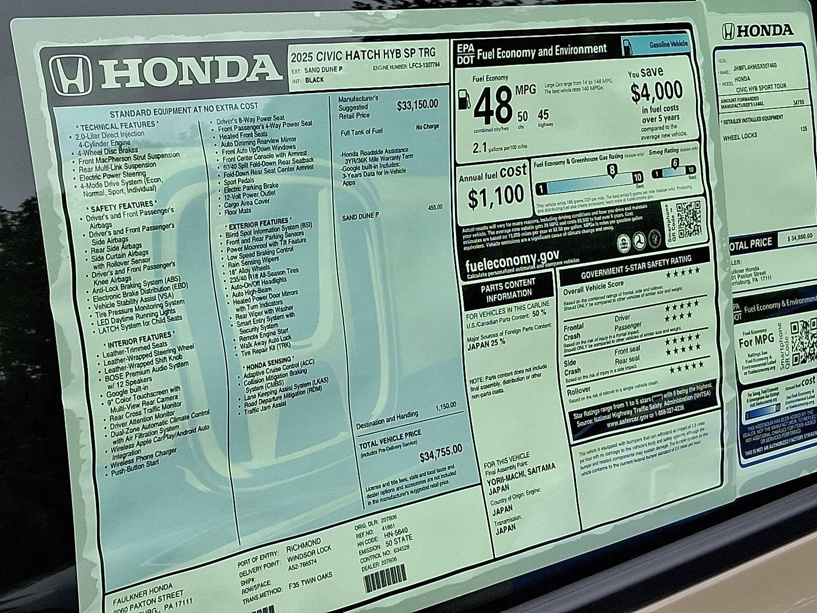 2025 Honda Civic Hatchback Hybrid Vehicle Photo in Harrisburg, PA 17111