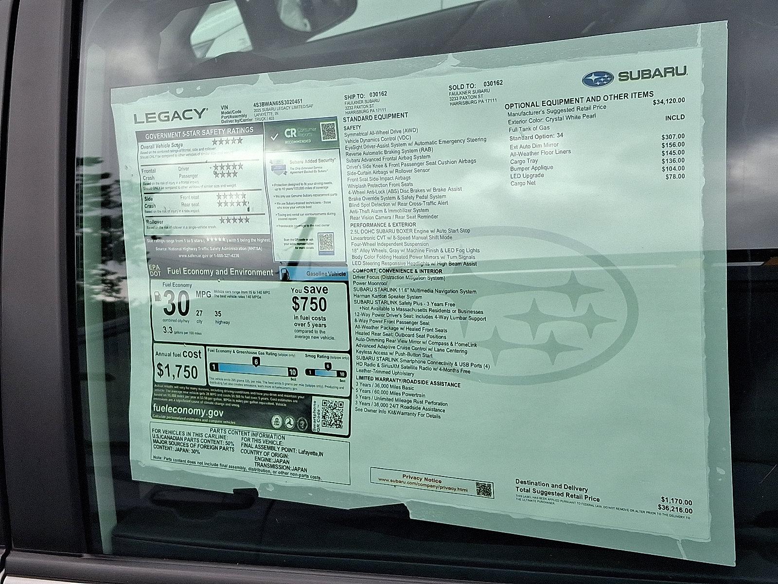 2025 Subaru Legacy Vehicle Photo in Harrisburg, PA 17111