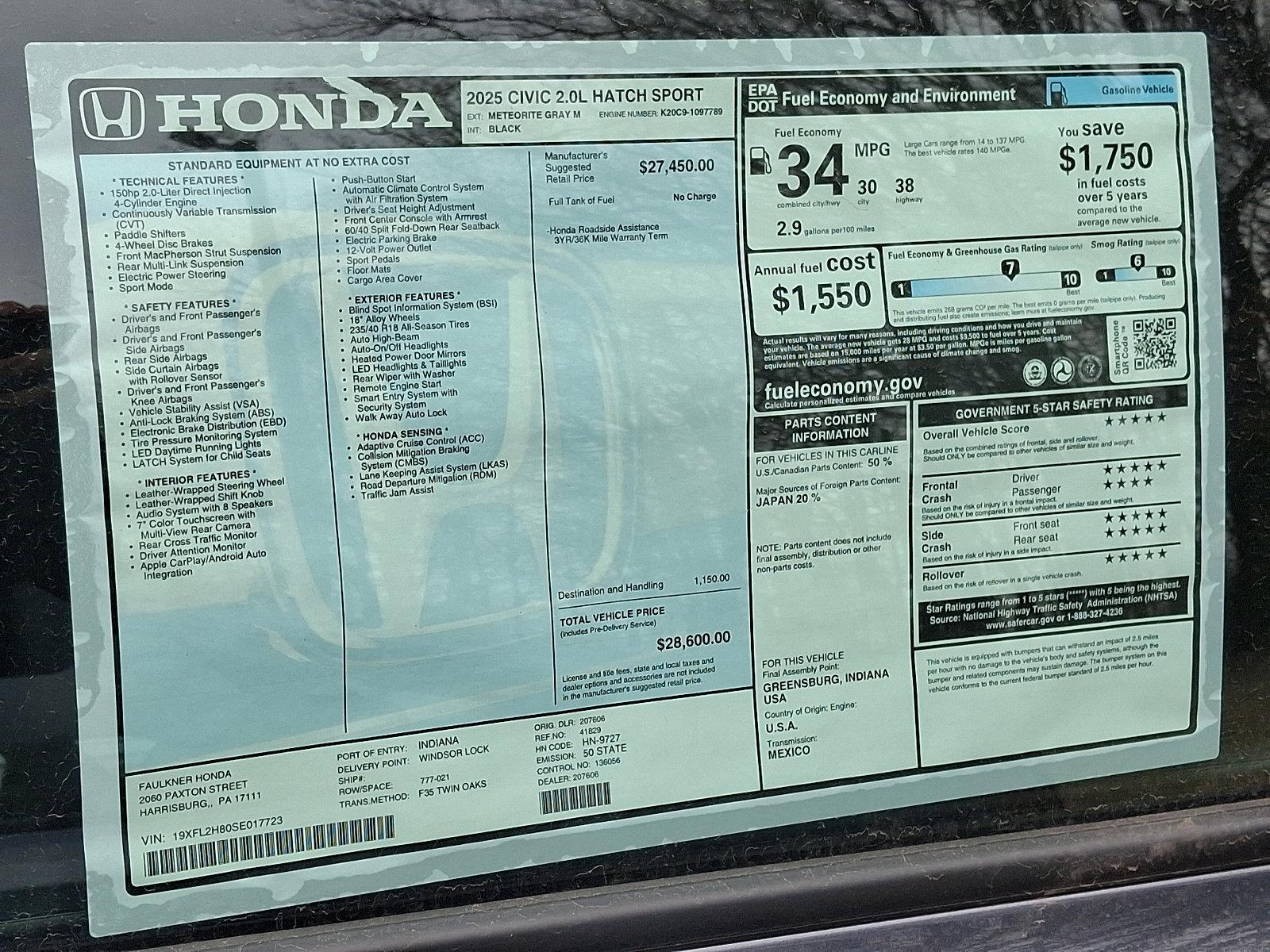 2025 Honda Civic Hatchback Vehicle Photo in Harrisburg, PA 17111