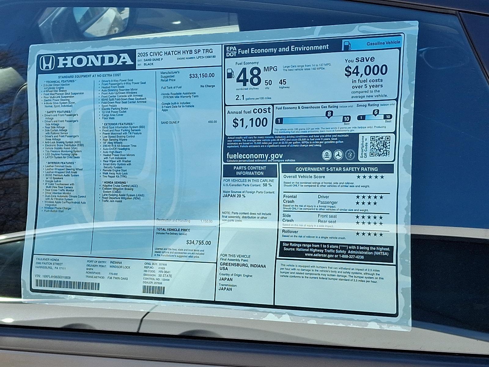 2025 Honda Civic Hatchback Hybrid Vehicle Photo in Harrisburg, PA 17111