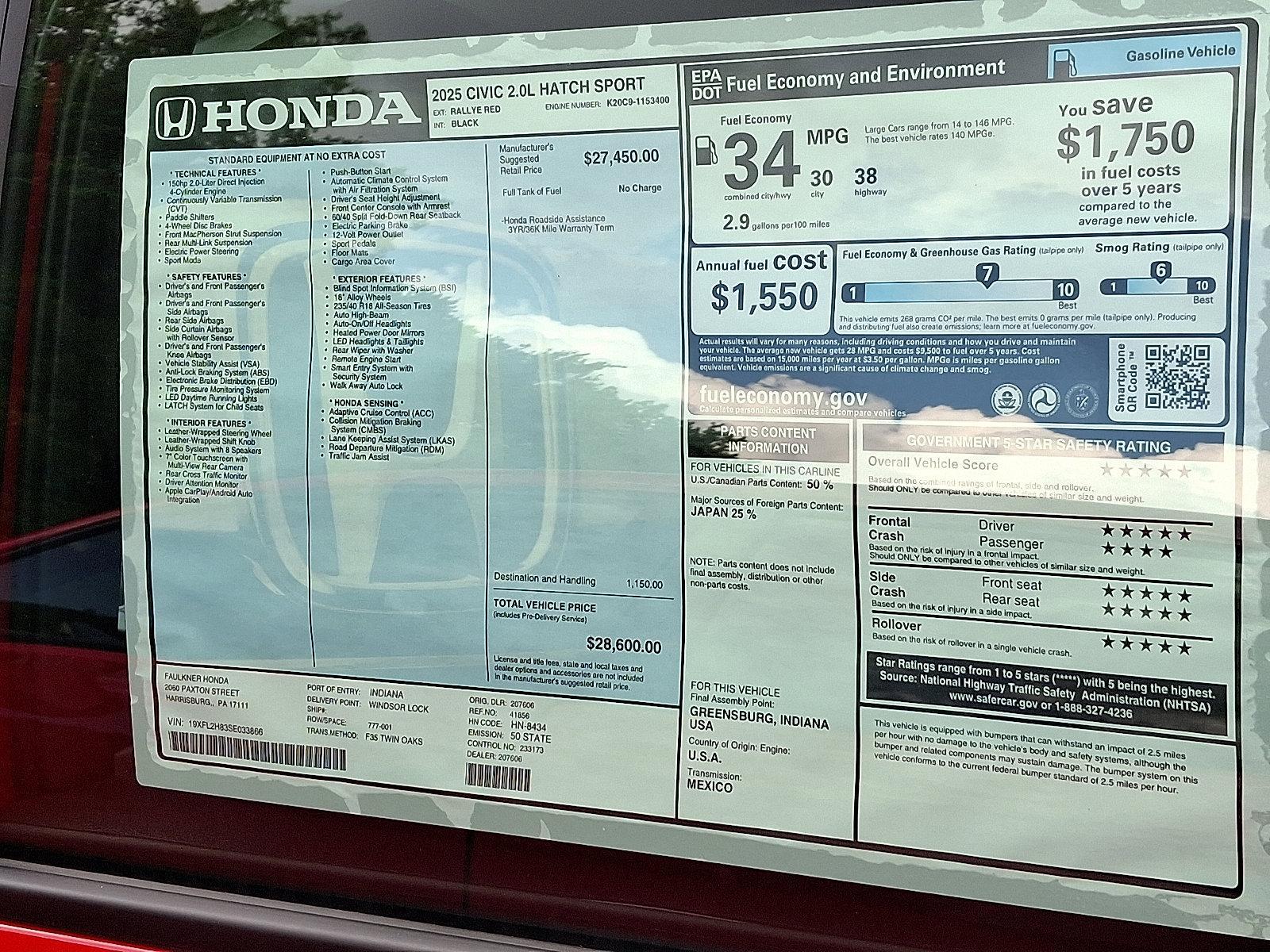 2025 Honda Civic Hatchback Vehicle Photo in Harrisburg, PA 17111