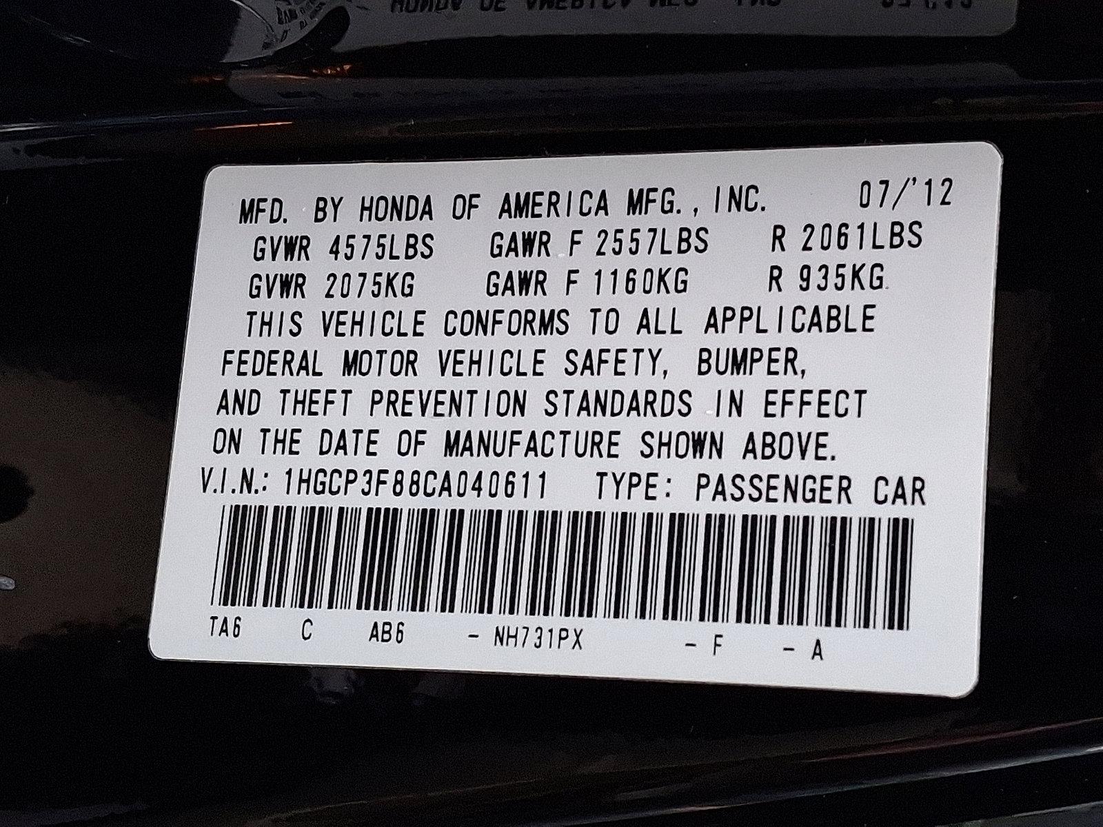 2012 Honda Accord Sedan Vehicle Photo in BETHLEHEM, PA 18017