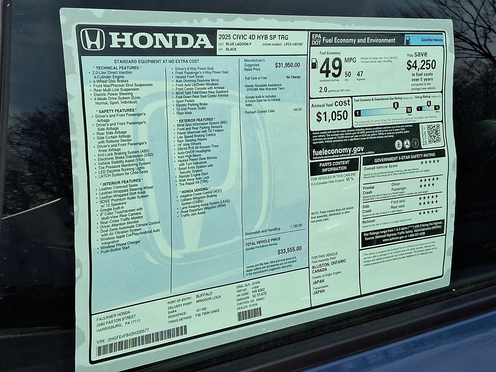 2025 Honda Civic Sedan Hybrid Vehicle Photo in Harrisburg, PA 17111