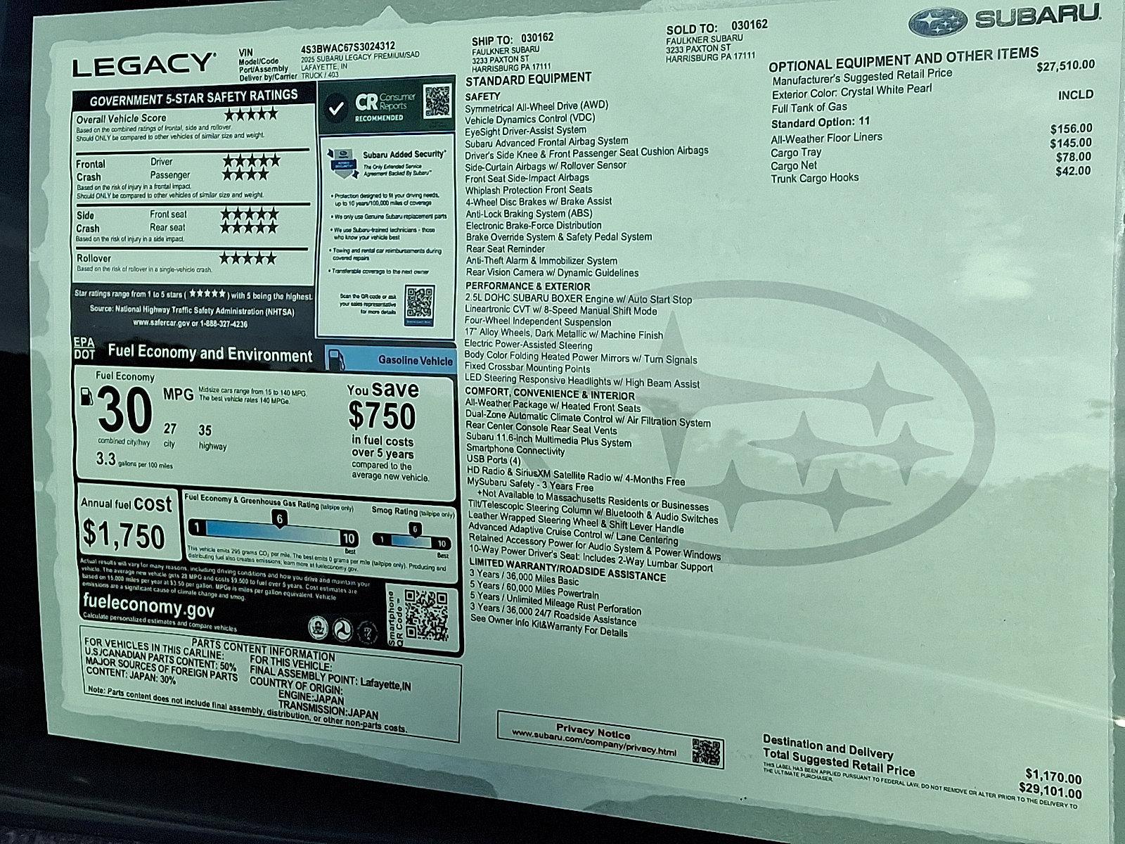 2025 Subaru Legacy Vehicle Photo in Harrisburg, PA 17111