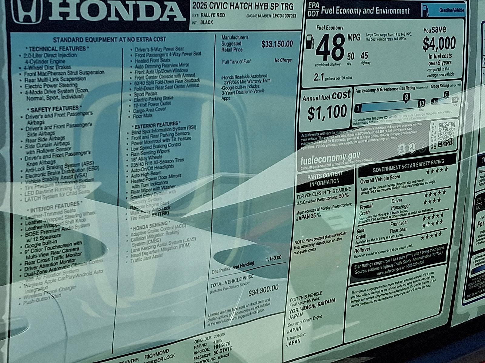 2025 Honda Civic Hatchback Hybrid Vehicle Photo in Harrisburg, PA 17111