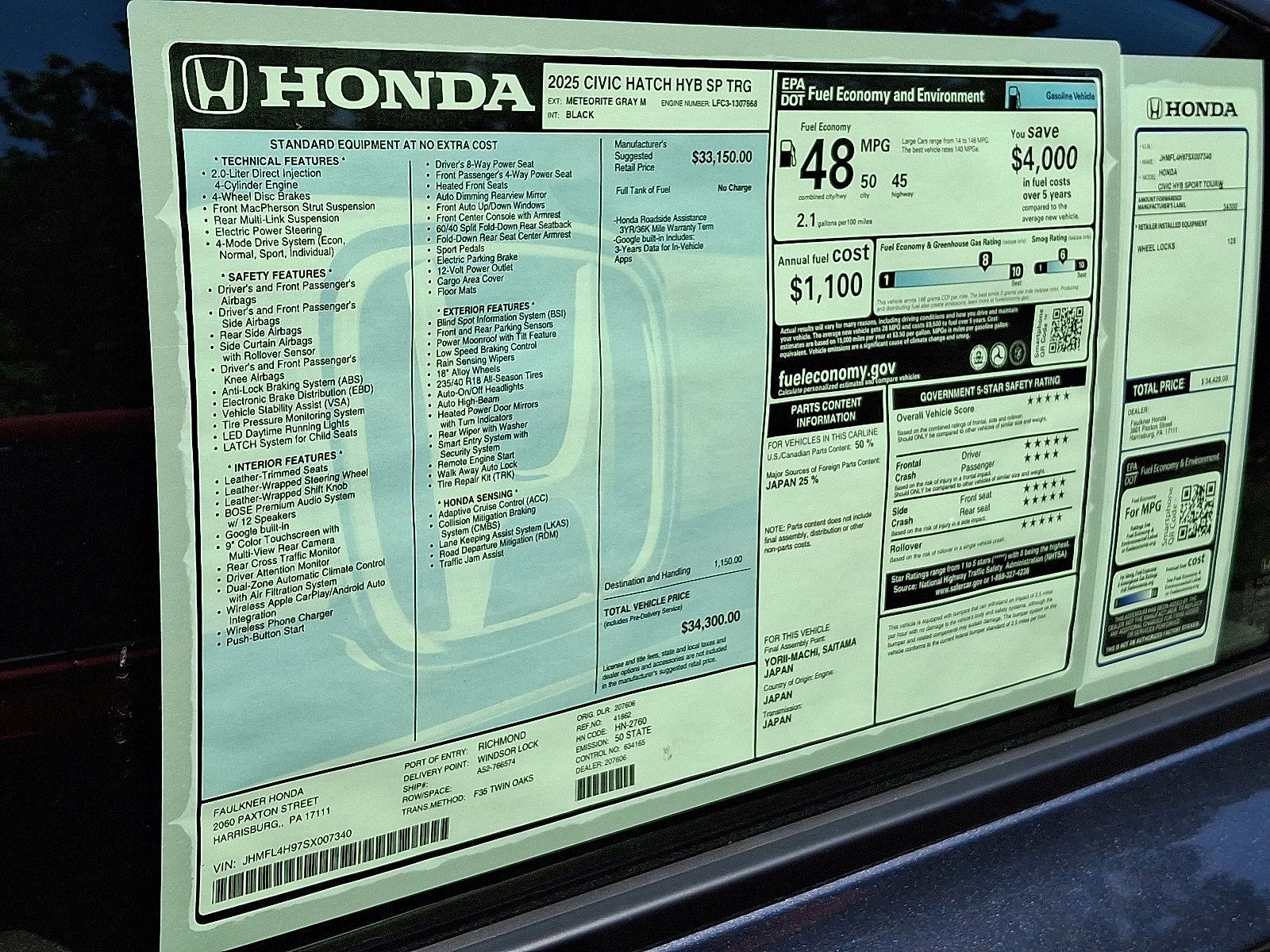 2025 Honda Civic Hatchback Hybrid Vehicle Photo in Harrisburg, PA 17111