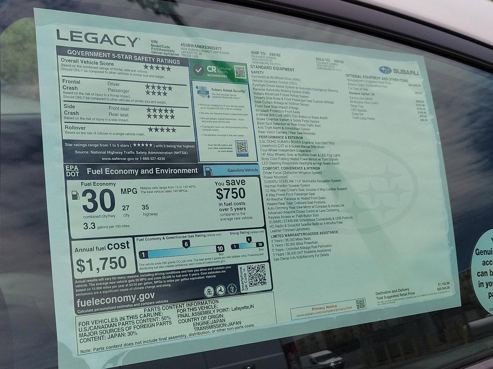 2025 Subaru Legacy Vehicle Photo in Mechanicsburg, PA 17050