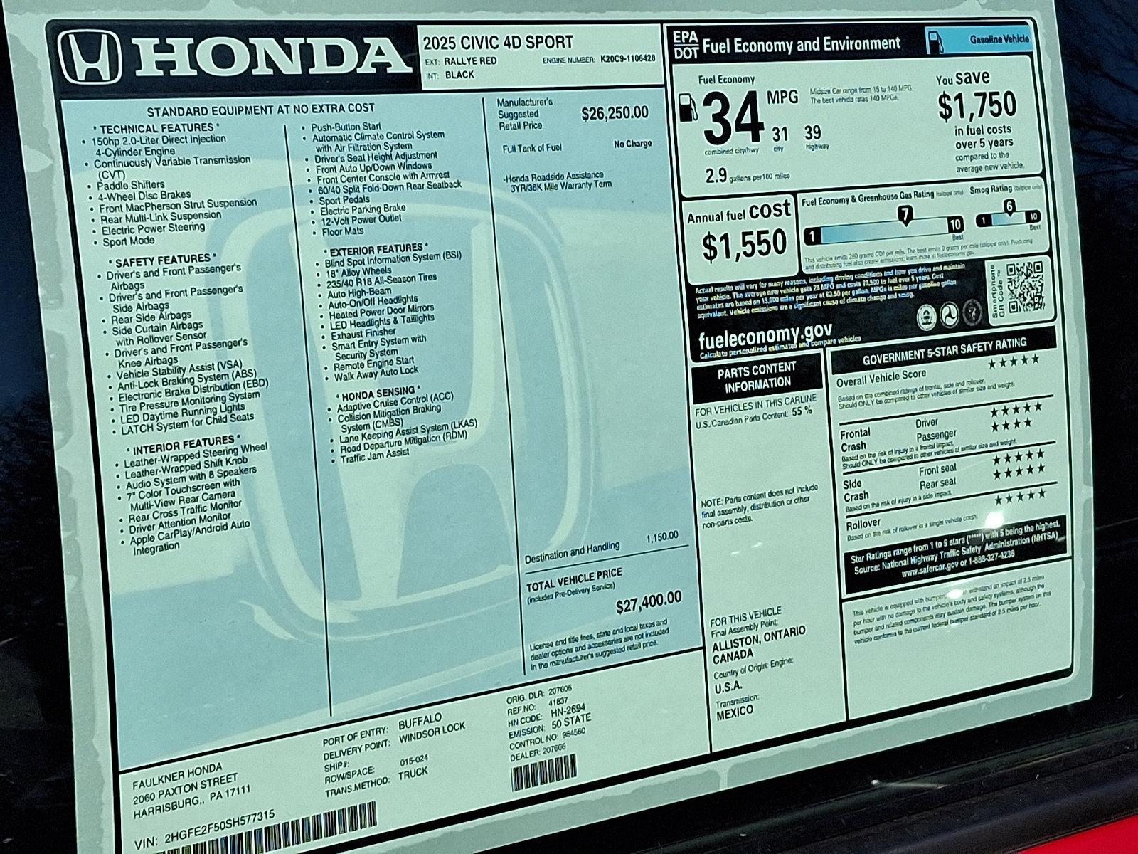 2025 Honda Civic Sedan Vehicle Photo in Harrisburg, PA 17111