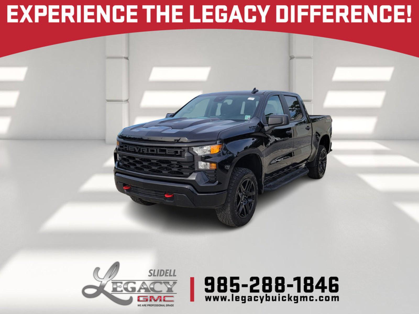 Black 2023 Chevrolet Silverado 1500 Custom Trail Boss Crew Cab 4WD Pickup Truck Four-Wheel Drive Automatic